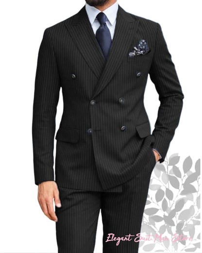 Navy Blue Men's Striped Business Suit 2-piece Set Suit Jacket Suit Pants Double Breasted Slim Fit Man Suit Groom's Wedding Suit