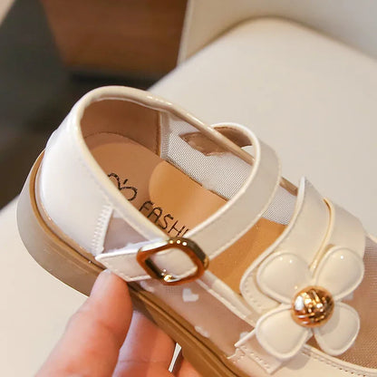 Toddler Girls Elegant Glossy Mesh Mary Jane Flats Flower Buckle Strap Heart Pattern Chunky Sole Comfortable Party School Shoes