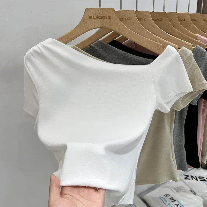 Womens Long Sleeve Off Shoulder T Shirts 2026 Tight Knit Sexy Slim Fitted Casual Women's Basic Tops Cropped T-Shirt