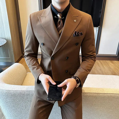 (Jackets+Pants) Luxury Double Breasted Design Slim Fit Suit High Quality Fashion Men's Wedding Social Suit Tuxedo 2 Piece Set