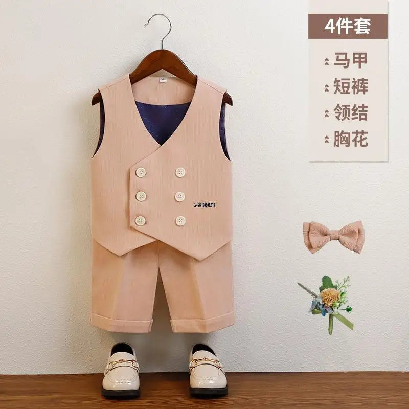 Boys Summer Vest Shorts Performance Suit Children Formal Wedding Dress Kids Photography Suit Baby Birthday Ceremony Costume