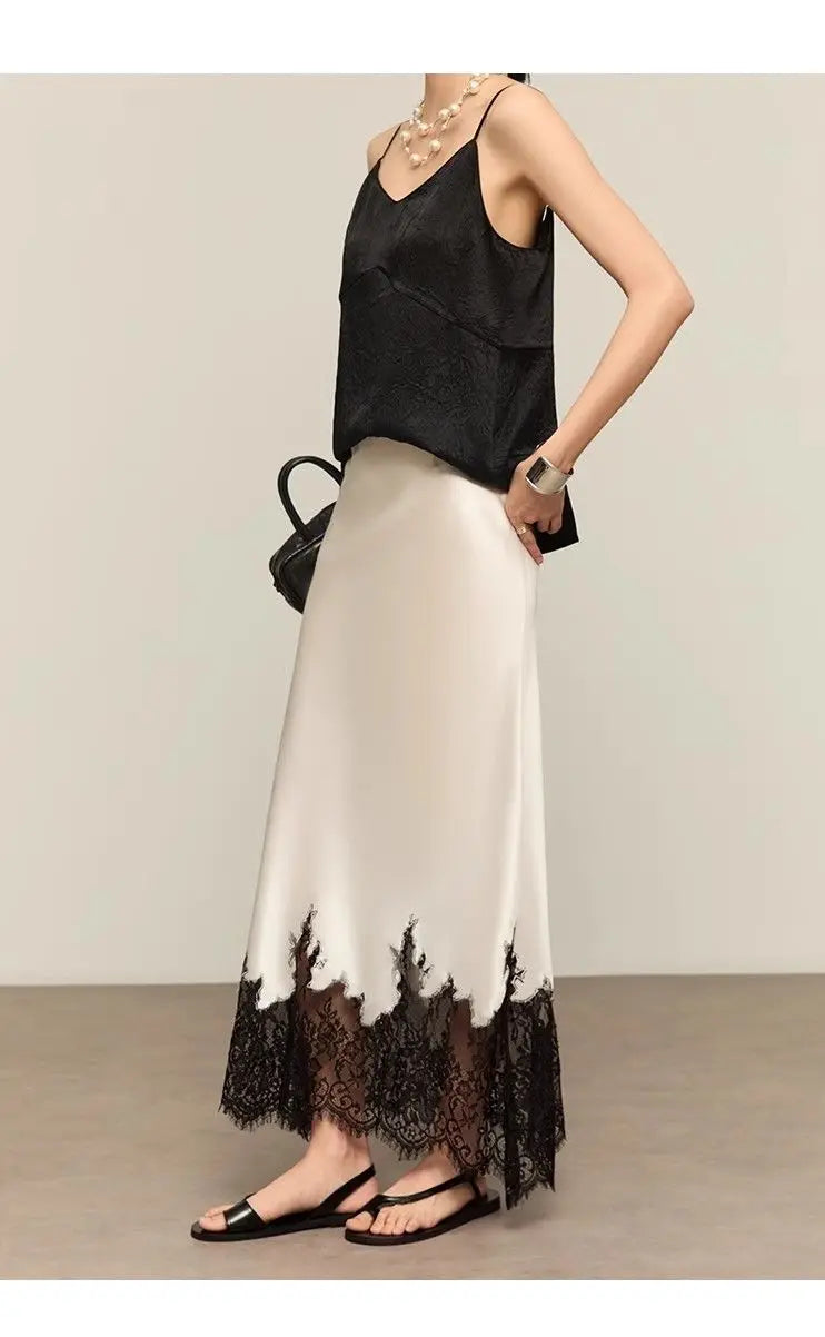 Fairy Elegant Lace Trim Satin Skirt Women High Waist Wrapped Hip Slim Midi Lace Hem Skirt Office Summer Daily Chic Lady Clothes