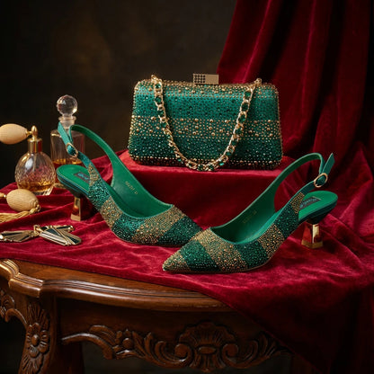Nigerian Women Heel Ladies Italian Luxury Design Green Shoes And Bag Set Decorated with Rhinestone Handbag Wedding Party