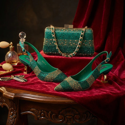 Nigerian Women Heel Ladies Italian Luxury Design Green Shoes And Bag Set Decorated with Rhinestone Handbag Wedding Party