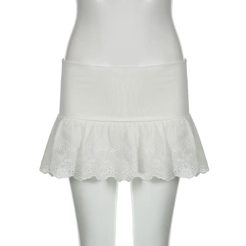 Summer Kawaii White Ruflles Skirt Women Fashion Slim Fit Mini Skirts TeenGirl Y2k All Match Elastic High Waist Goth Outfit