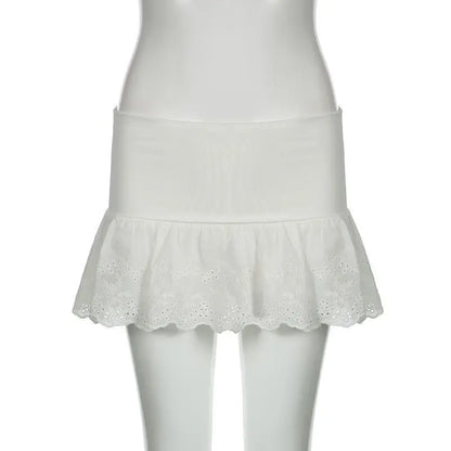 Summer Kawaii White Ruflles Skirt Women Fashion Slim Fit Mini Skirts TeenGirl Y2k All Match Elastic High Waist Goth Outfit