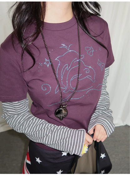 Y2k Vintage T-shirt Women Long Sleeve Patchwork Japanese 2000s Grunge Tops Streetwear American Retro Print Graphic Tops