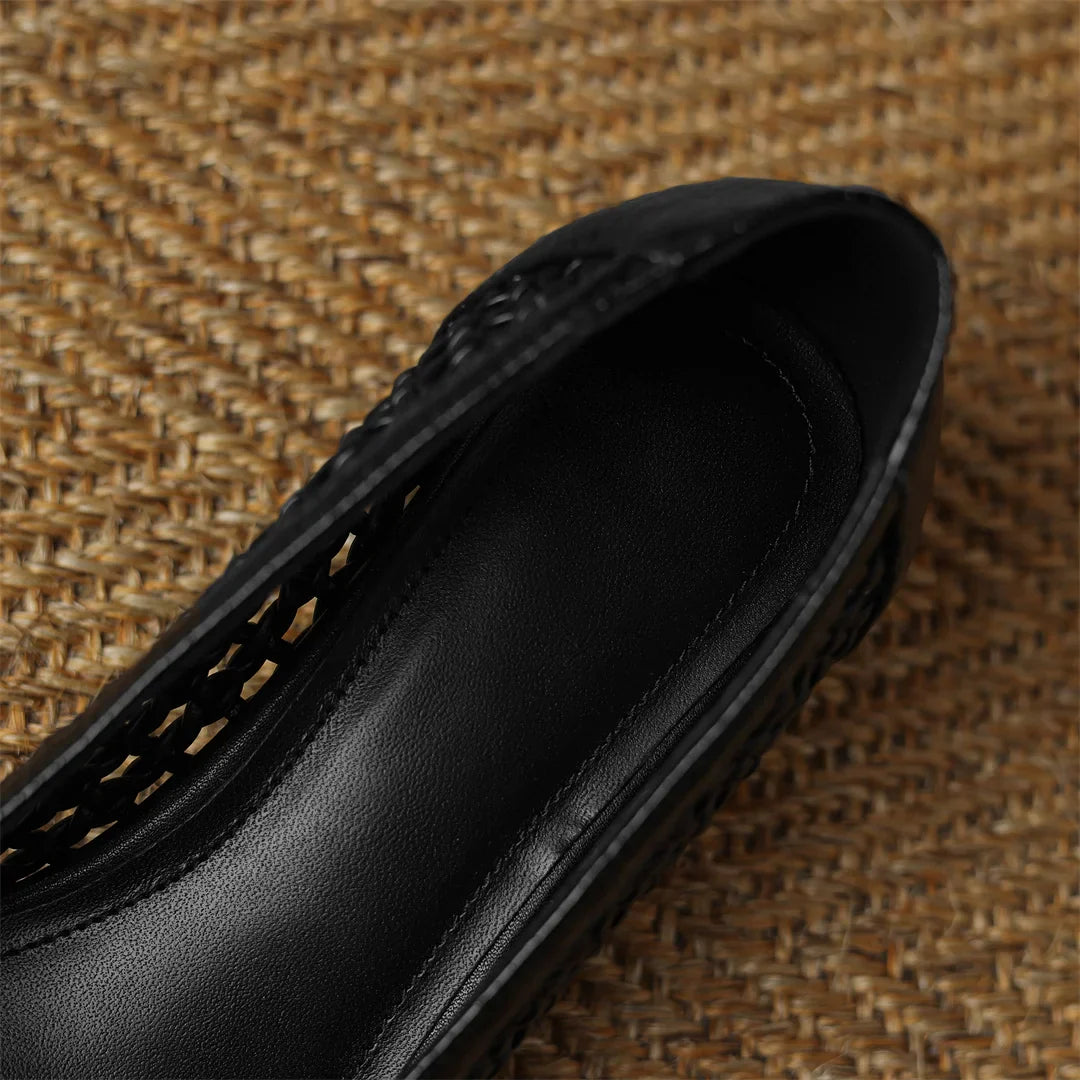 Women's genuine leather braided microfiber patchwork summer breathable pumps crystal buckle 4cm thick med heel daily dress shoes