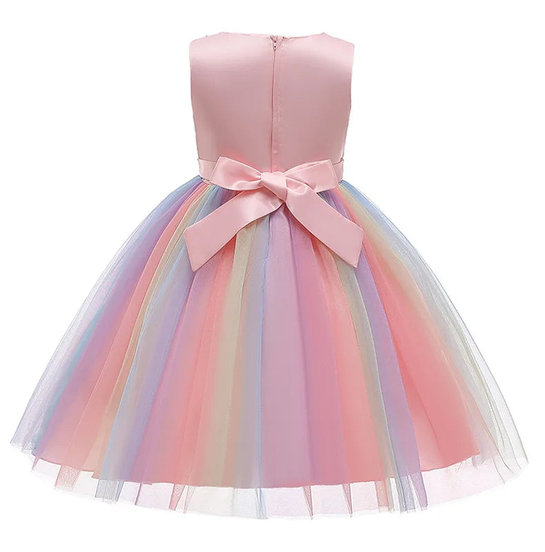 Vestido de princesa flor de lantejoulas para meninas 3-12 anos vestido de laço elegante colorido de renda de malha carnaval festa de aniversário apresentação