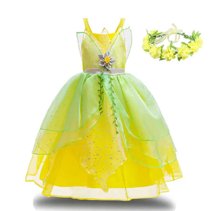 Fairy Tale Princess Costume for Girl Dressy Floral Ball Gown Princess and Frog Cosplay Tiana Halloween Apparel Green Dress 2-10Y