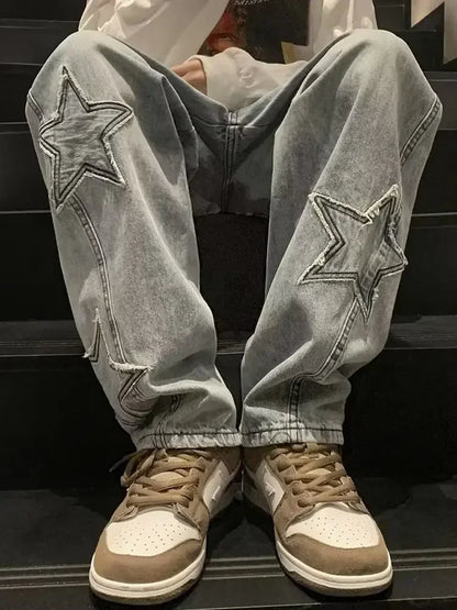 Star Embroidered Straight Casual Men's Jeans Y2K Gothic Unisex New Wide-leg Loose, Comfortable Fashionable Youth Street Jeans
