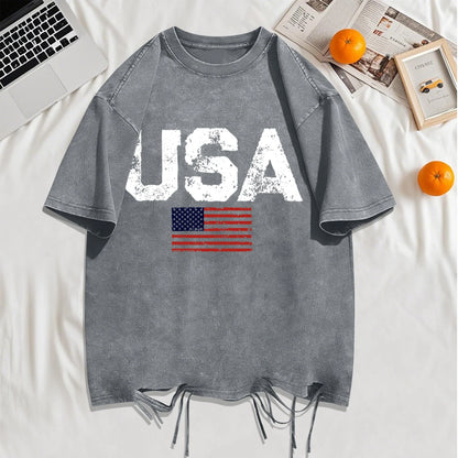 Usa Letter American Flag Printed Washed Holes T-Shirt Man Summer Cotton Loose Top O-Neck Creative Tee Unisex Vintage T Shirt