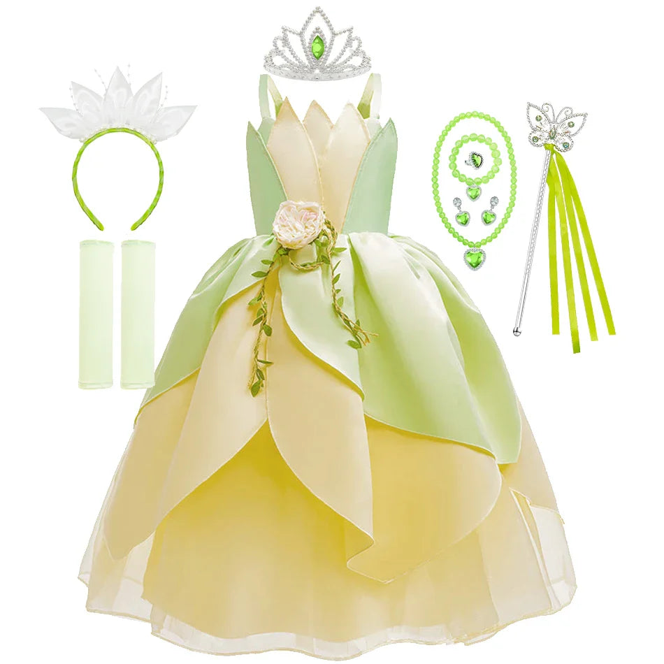 Kids Girl Tiana Dress for Girls Birthday Party Halloween Ball Gowns Evening Birthday Fancy Layered Costume Floral Fairy Clothing