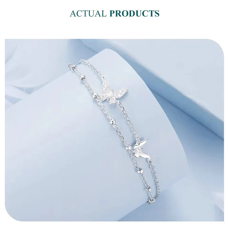 Womens Double-Layer Butterfly Bracelet 925 Sterling Silver CZ Layered Bracelet Dainty Beaded Chain Adjustable 5.9"+2.3"