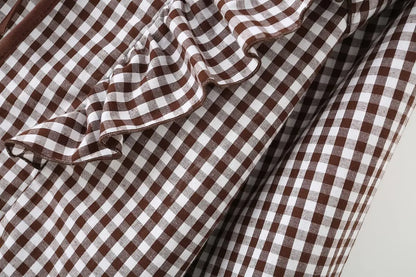 Women's Cotton Gingham Cropped Ruffle Tie Neck Blouse Spring Autumn 2026 Chic Modern Long Sleeve Shirt Tops for Woman