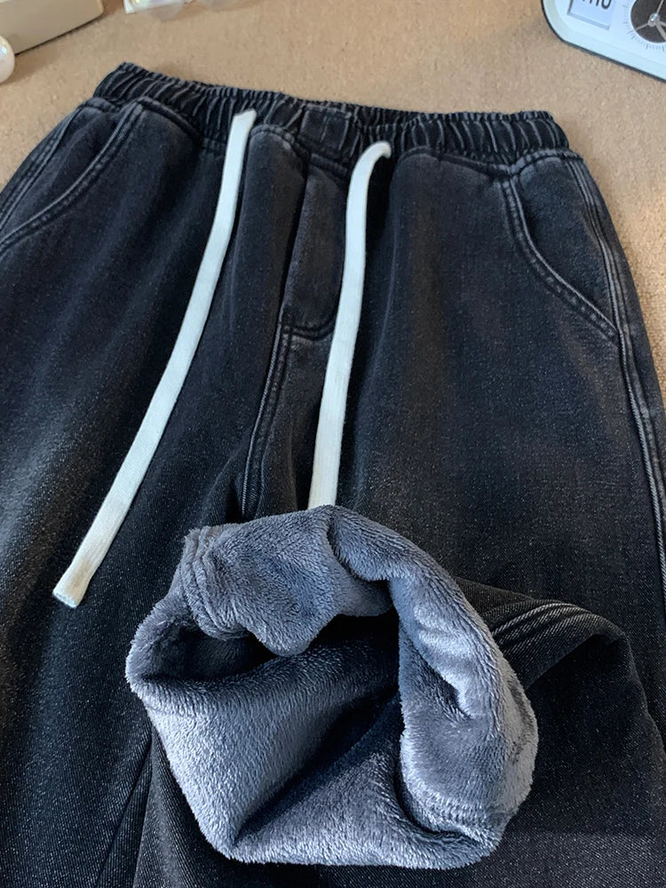 Men's Winter Jeans Fleece-Lined Brushed Thick Warm Denim Pants Korean Style Straight Fit Insulated Trousers Asians Size M-3XL