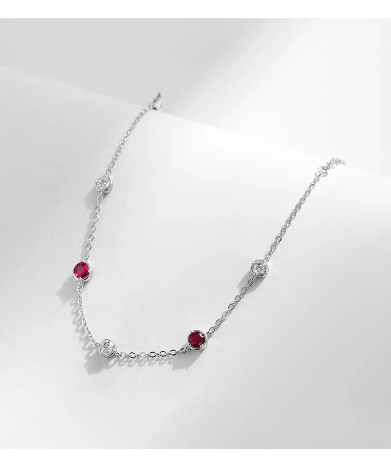 925 Sterling Silver Dazzling Prong Setting Round Red CZ Bracelet Link Chain Adjustable For Women Party Fine Jewelry Gift