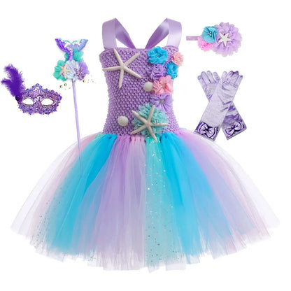 1-12 anos Vestido Tutu de Sereia Fofo com Apliques de Estrela-do-mar Coral, Vestido de Princesa Elegante Ombro a Ombro, Vestido Bufante para Festa de Aniversário de Criança