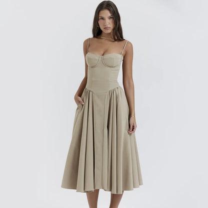 Women Elegant Sleeveless Backless Pleated Dresses Lady Sexy Solid Sling Midi Dress 2024 Female Party Evening A-line Robes