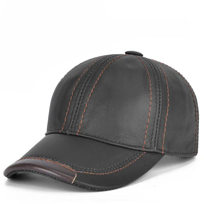 Men Real Cowhide Leather Earlap Caps Male Fall Winter 100% Real Cow Leather Hats New Casual Real Leather Outdoor Baseball Cap
