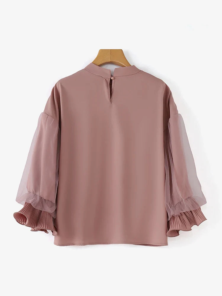 Women Elegant Party Blouse Vintage Mesh Ruffle 3/4 Sleeve Tops 2024 Autumn Stand Collar Shirts Korean Version Loose Tunic