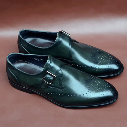 Elegant Men's Monk Strap Dress Shoes Genuine Leather Single Buckle Green Black Loafer Brogue for Party Wedding Formal Occasions