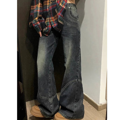 Calça Jeans Y2K Spicy Girl Série Escura Perna Larga Feminina Nova Streetwear Splicing Solta Cintura Alta Modeladora Boca de Sino