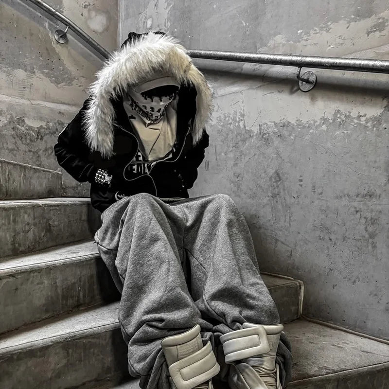 2025 Outono/Inverno Novas Blusas Y2k Harajuku Gola de Pele Artificial Moletom com Capuz Roupa Estampada Hip Hop Punk Gótico Moletom com Zíper