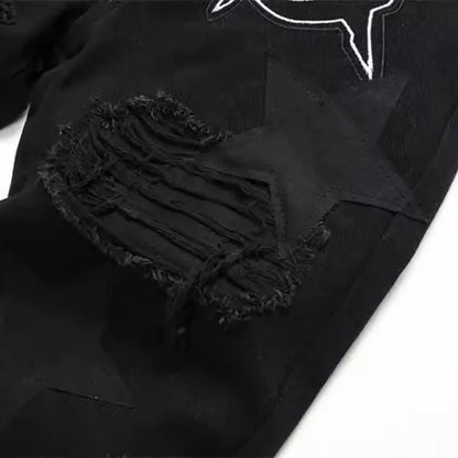 Autumn And Winter Retro Black Ripped Jeans Men'S Straight Leg Pants Pentagram Patch Casual Jeans Pants