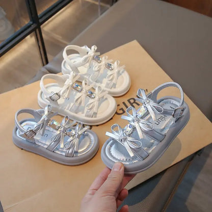 Summer Kids Fashion Hollow-out Roman Sandals Student Water Diamond Bow Sandals Sweet Bowknot Comfortable Elegant Girls Shoes