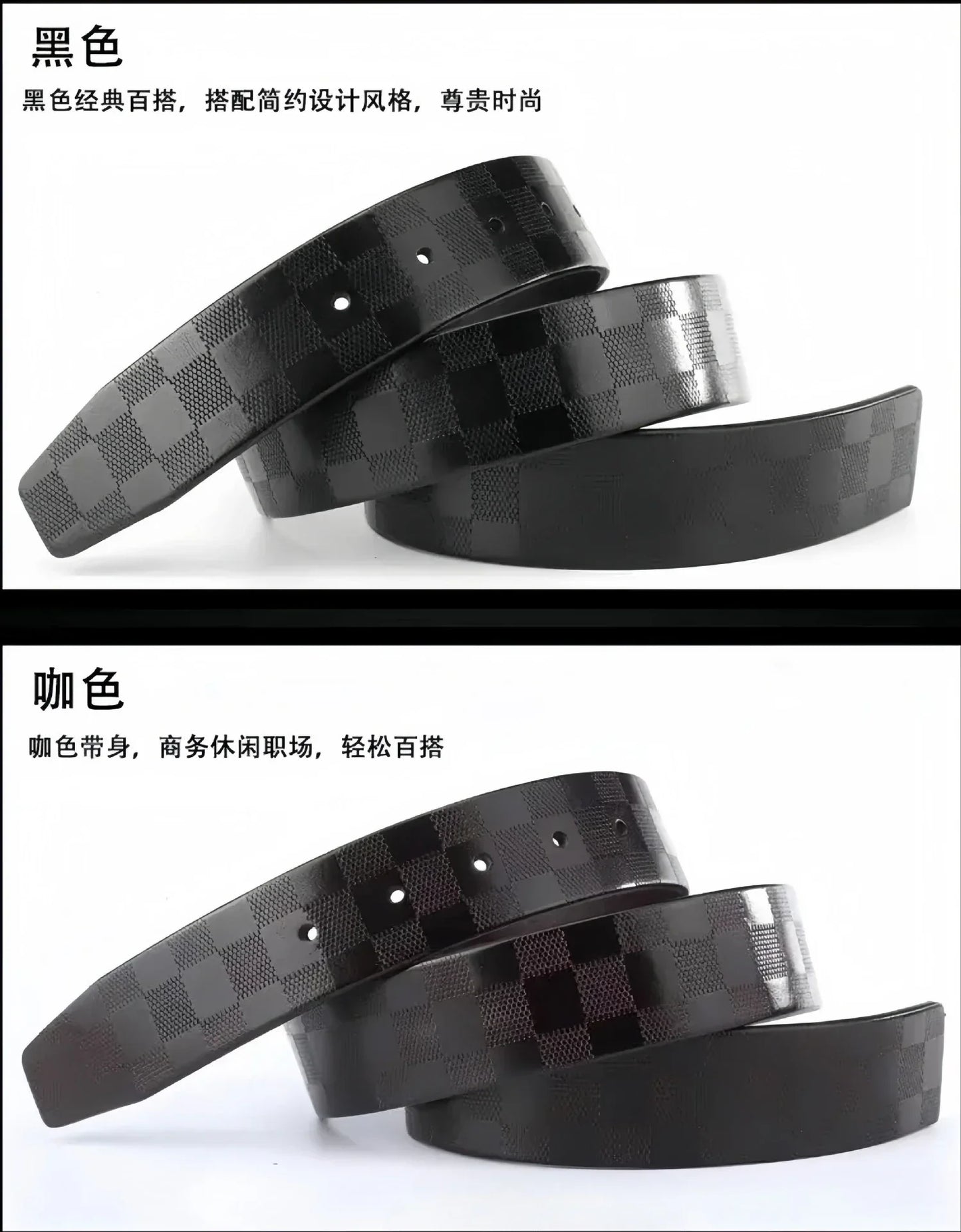 Light Luxury Mens Leather Belt Smooth Buckle Genuine Cowhide Perforated Pattern Fashion Trendy High End Versatile