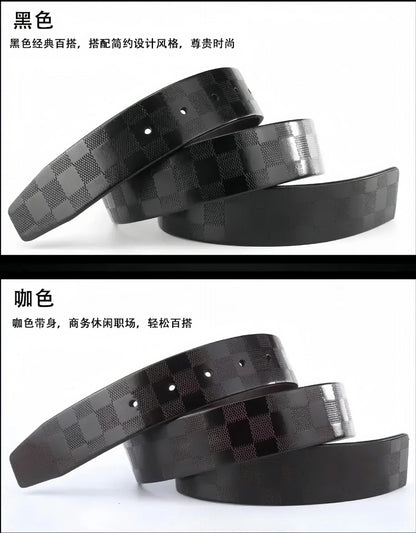 Light Luxury Mens Leather Belt Smooth Buckle Genuine Cowhide Perforated Pattern Fashion Trendy High End Versatile