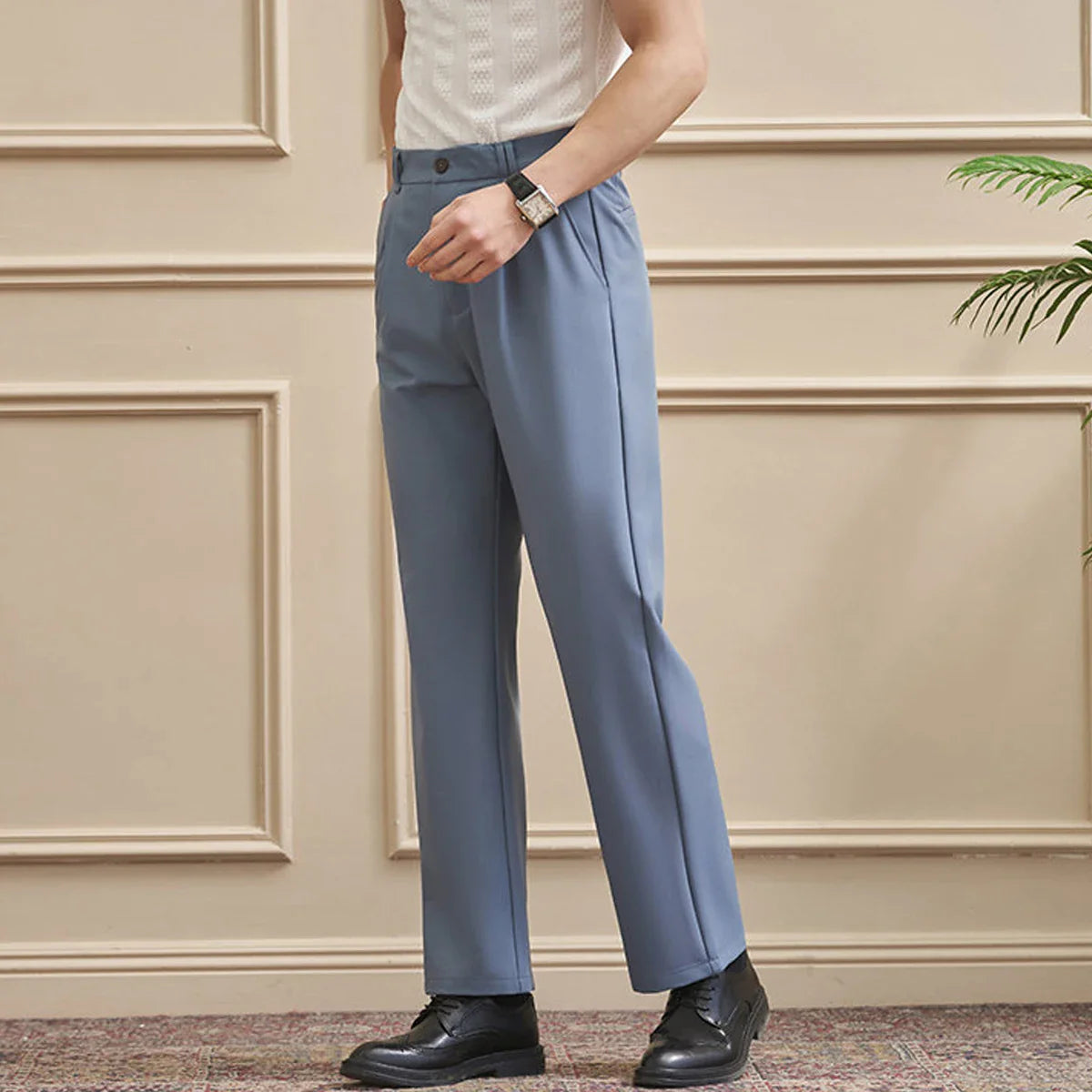 Men‘s Slim-Straight Fit Trousers for Spring & Summer Slim Fit Daily Work Trousers, Solid Color Street Suit Trousers