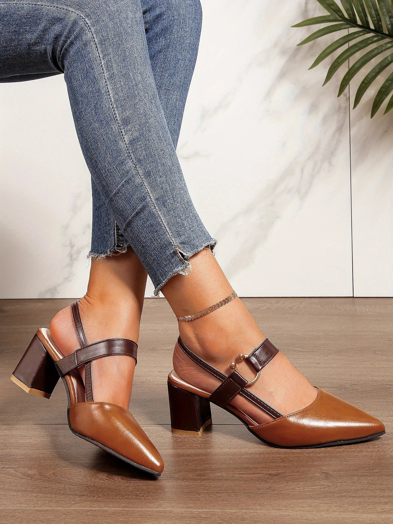 Women's Pointed Toe Block High Heel Sandals, Fashion Solid Color Slingback Shoes, Versatile Mid Heels