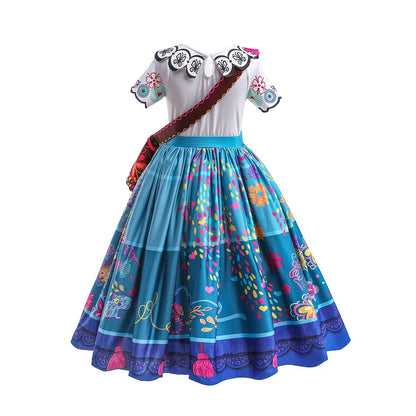 Fantasia Infantil de Princesa para Meninas Encanto Halloween Roupa Rodada Estampada Mirabel Desenho Animado Vestido Cosplay para Crianças 3-12 Anos