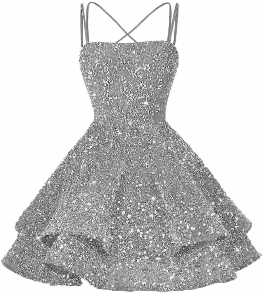Sequin Short Square Neck Homecoming Dress for Teen Sparkly Prom Dress Sweet 16 Photo Shoot Cocktail Gowns Graduation Dress
