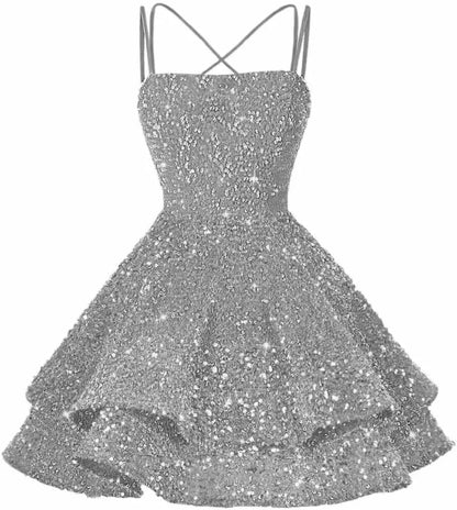 Sequin Short Square Neck Homecoming Dress for Teen Sparkly Prom Dress Sweet 16 Photo Shoot Cocktail Gowns Graduation Dress