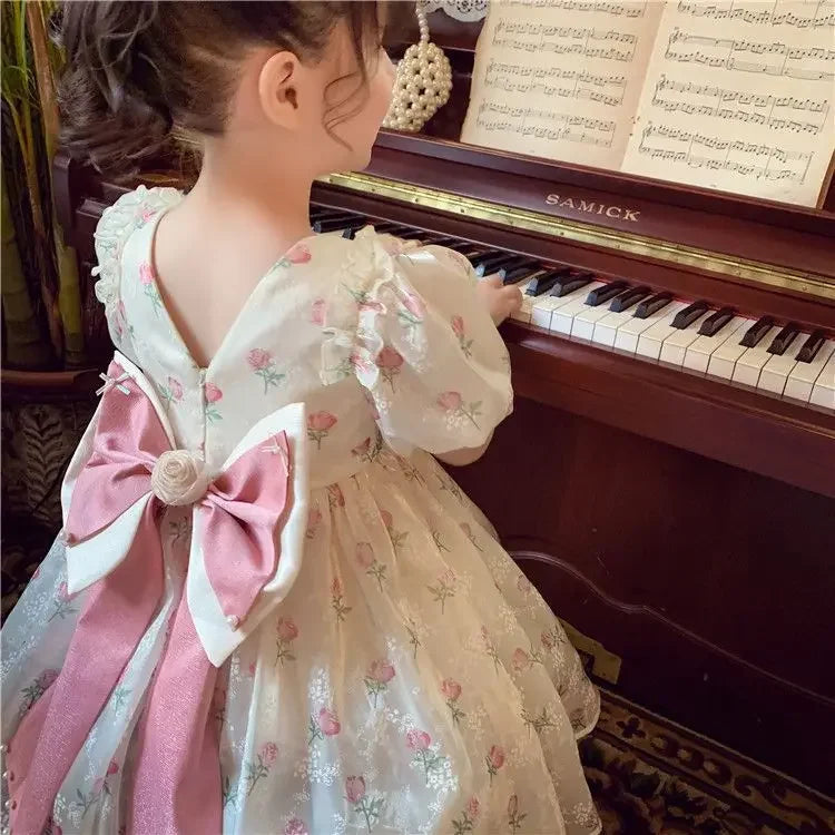 1-8 Years Old Summer Full Print Rose Flower Lace Girls Dress Big Bow Pearl decoration Princess Party Dress For Kids
