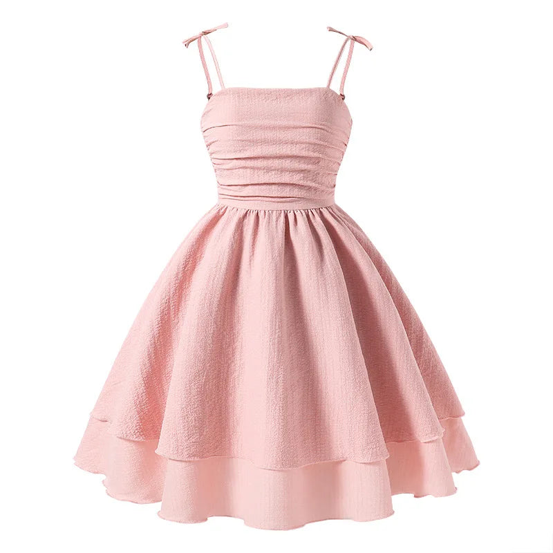 7-12 Years Teen Girls Dress Solid Color Sling Tiered Sleeveless Princess Dress For Kids Children Birthday Present Clothes