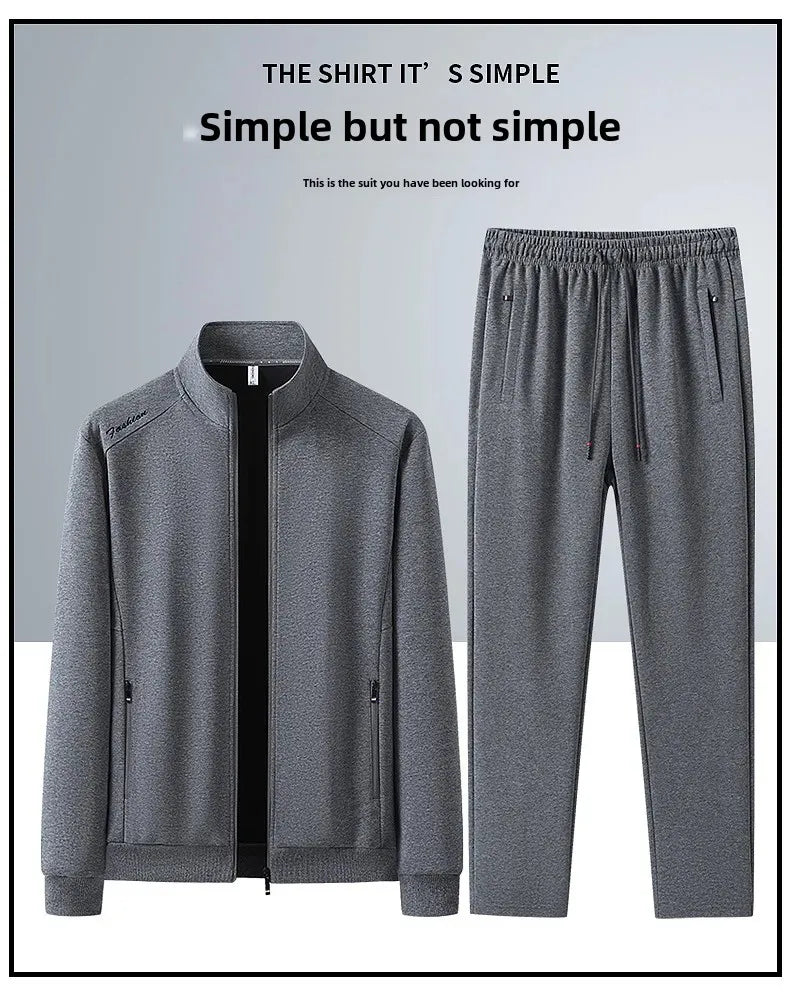 Spring Autumn New Men's Cotton Sports Suit Stand Collar Sweatshirt Middle-Aged And Elderly Casual Stylish Cardigan Loose-Fit 2-P