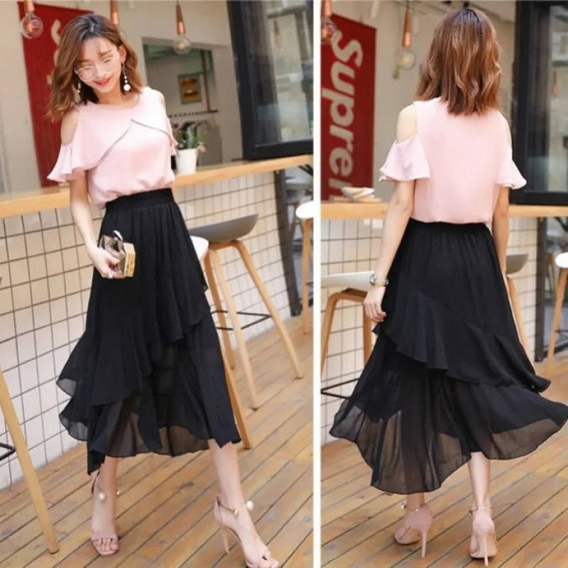 Plus Size Women Summer Chiffon Midi Skirt, Irregular A-line Thin Lightweight Black Skirt For Plus 200lbs