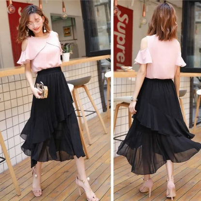 Plus Size Women Summer Chiffon Midi Skirt, Irregular A-line Thin Lightweight Black Skirt For Plus 200lbs