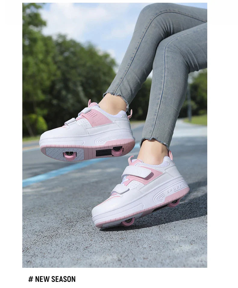 Autumn 2025 Kids Walking Shoes Detachable Double Wheel Roller Skates Boy Leather Student Shoe Four Wheeled Children Shoes Girl
