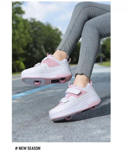 Autumn 2025 Kids Walking Shoes Detachable Double Wheel Roller Skates Boy Leather Student Shoe Four Wheeled Children Shoes Girl