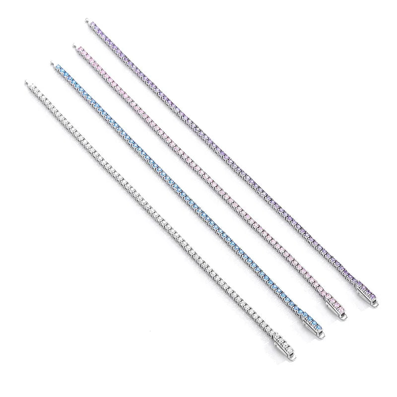 Full 2mm Violet Pink Blue White 5A Zircon Tennis Bracelet for Woman S925 Silver High Carbon All Colored Gemstone Bracelets