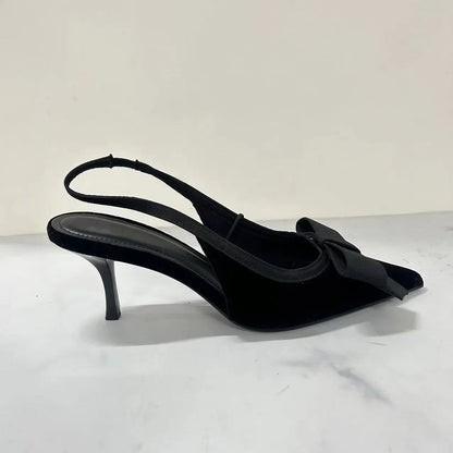 Black Velvet Butterfly-knot Designer Heeled Sandals Women Sexy Pointed Toe Slingbacks Women Pumps Elegant Party Dress High Heels