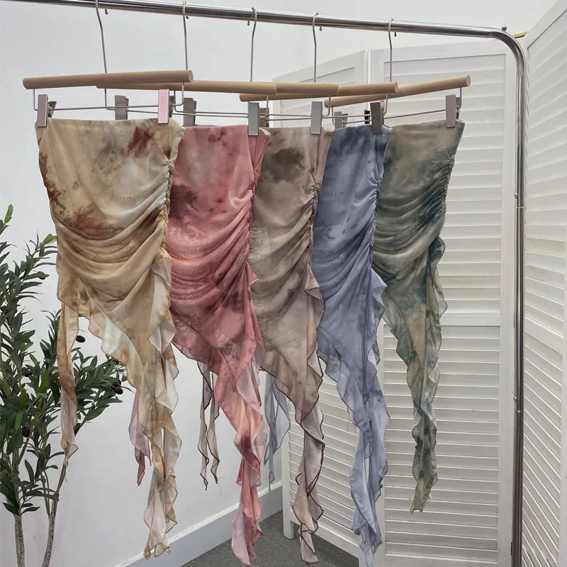 Tie Dye Summer Tops for Women Y2K Strapless Sleeveless Asymmetrical Ruffle Fishtail Ruched Stretch Mesh Vintage Clothes