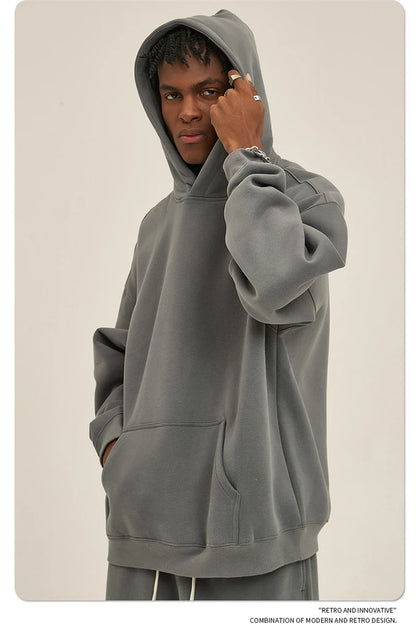Thick 350gsm Fleece Hooded Hoodies For Men Unisex Winter Oversized Loose Basic Solid Sweatshirts Pullovers Coats HY0631