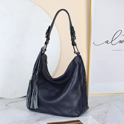 Fashion Tassel Women Shoulder Bag 100% Genuine Leather Daily Shopping Hobos Classic Large Red Tote Handbag Crossbody Bag