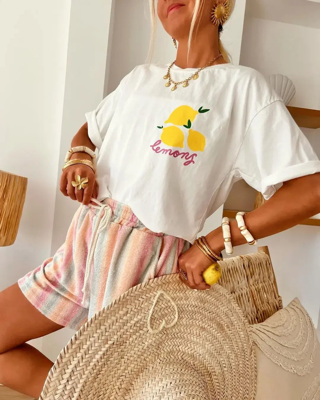 Camiseta feminina americana com estampa de limão, casual e elegante, estilo streetwear Ins, gótica, de algodão, oversized, Y2k, top para casal